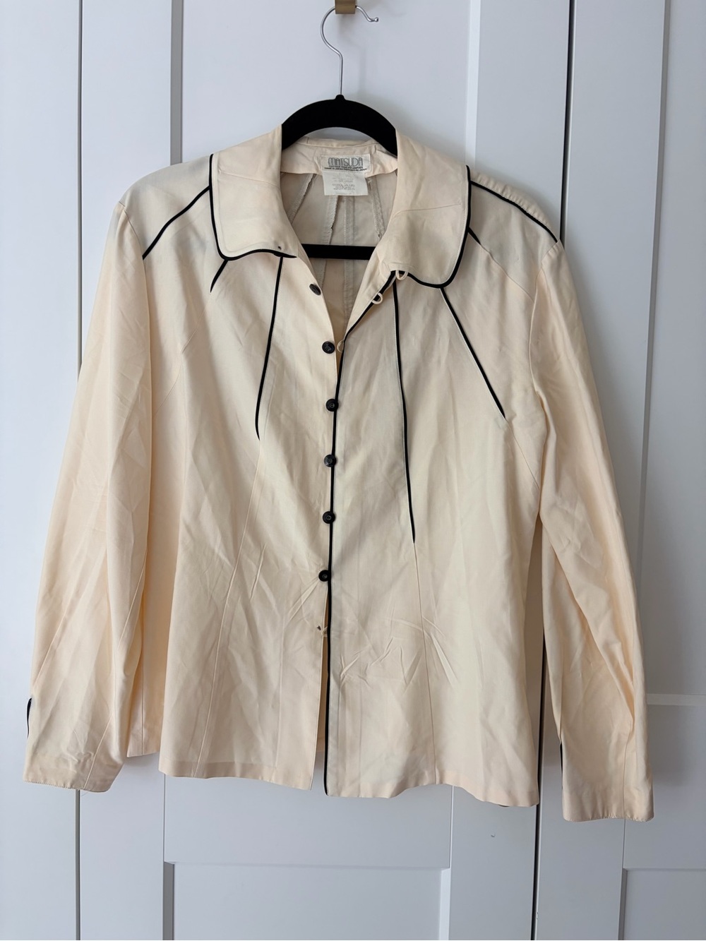 Matsuda Vintage Cream Silk Long-Sleeve Button with Black Piping Button Top | M - Picture 1 of 8
